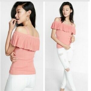 EXPRESS | Coral Knit Off the Shoulder Ruffle Top with Straps Women’s Size Medium